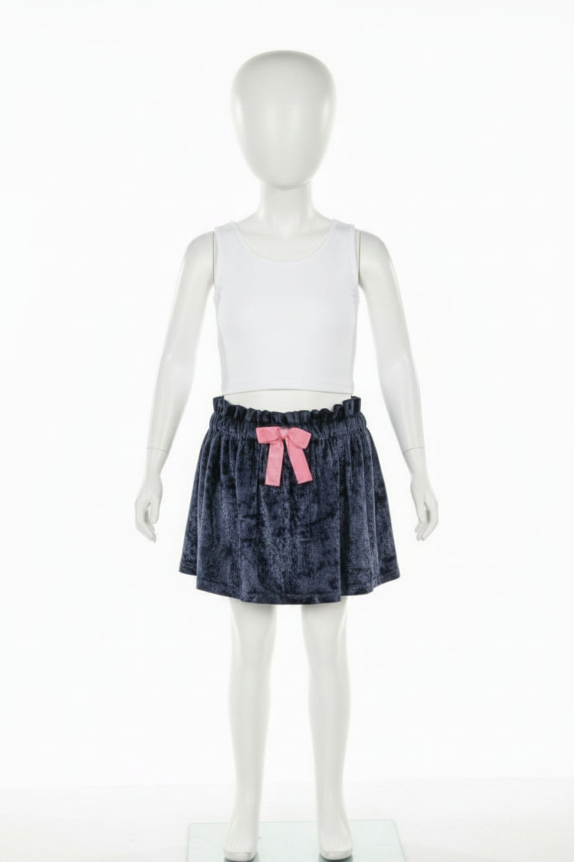 Girls Navy Velvet Skirt with Pink Bow
