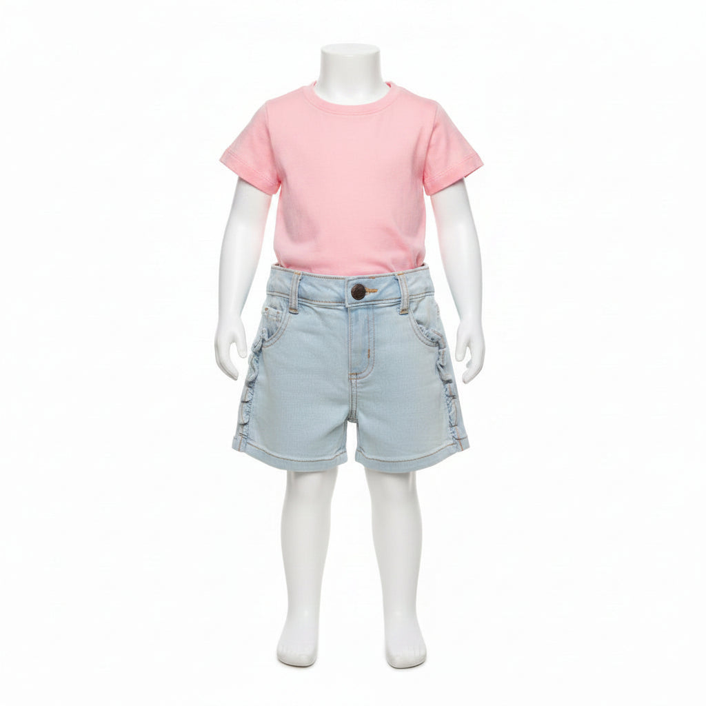 Light Wash Denim Ruffle Pocket Shorts for Toddler Girls