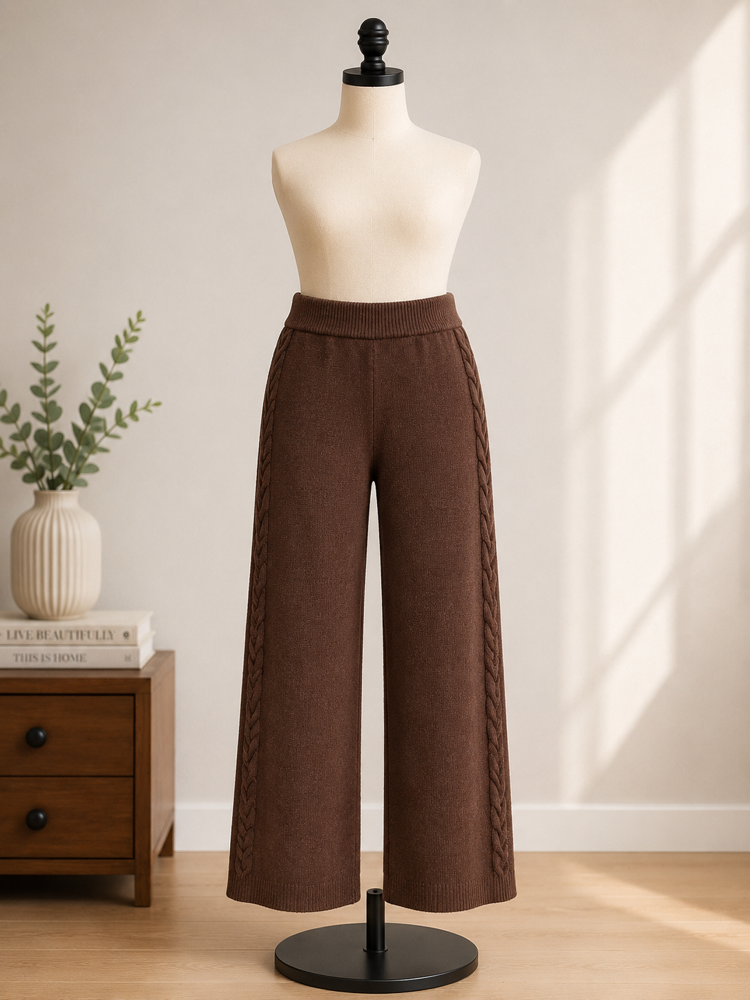 Women's Chocolate Brown Knit Wide Leg Sweater Pants with Braided Side Detail