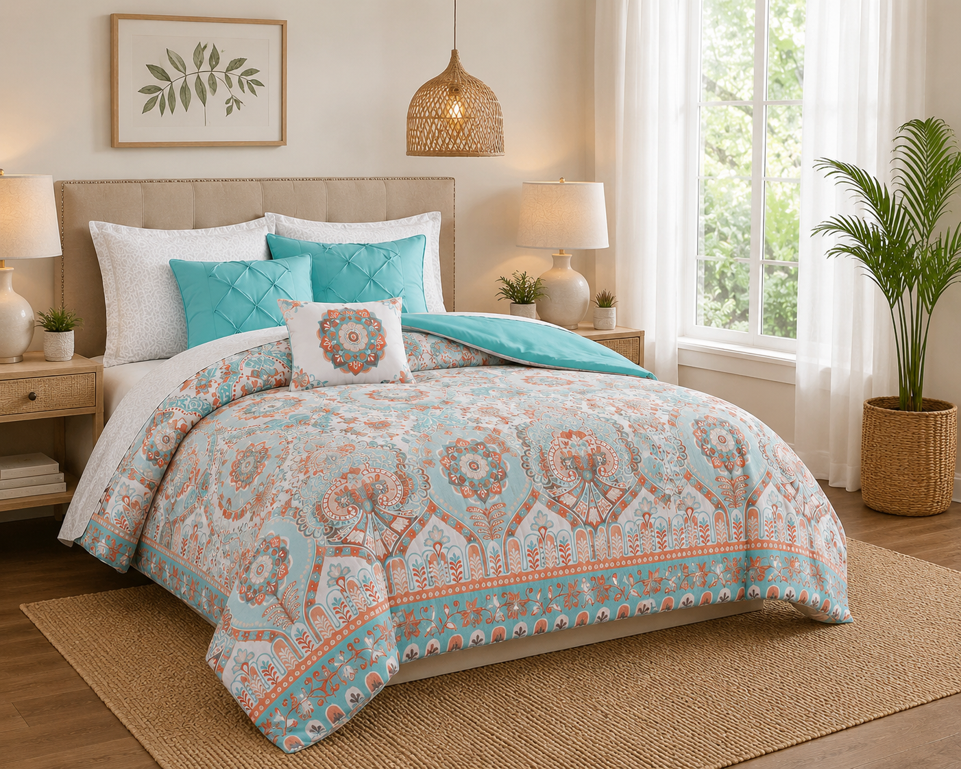 Boho Medallion 6 Piece Comforter Set – Queen | Aqua & Coral Reversible Bedding with Decorative Pillows