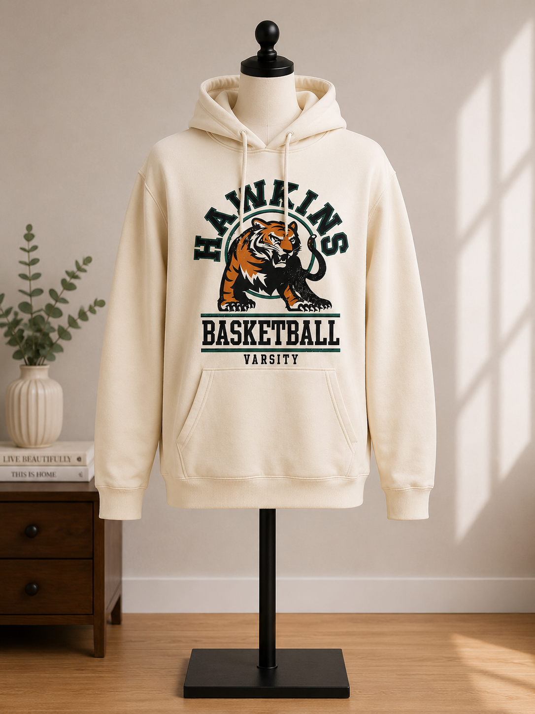 Hawkins Basketball Varsity Graphic Hoodie – Cream Pullover Fleece Sweatshirt