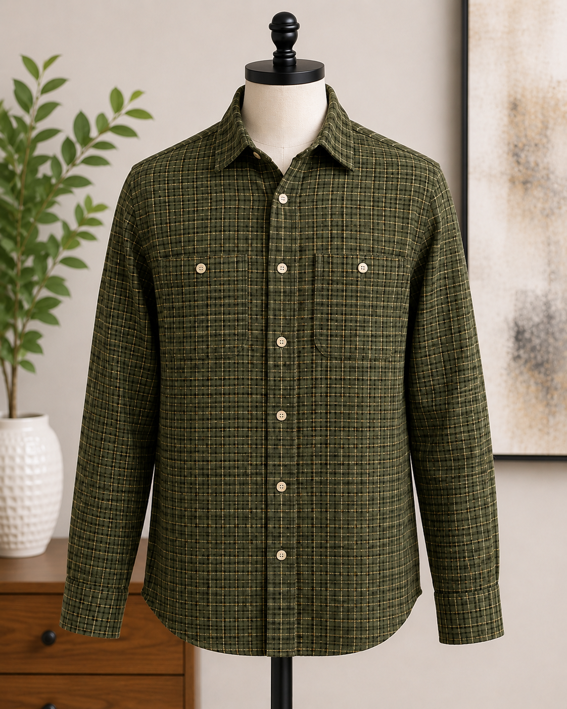Goodfellow & Co. Men's Olive Green Plaid Double Cloth Button-Up Shirt – Long Sleeve
