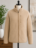Men's Sherpa Fleece Full-Zip Jacket – Beige Teddy Fleece Zip-Up Coat with Chest Zip Pocket