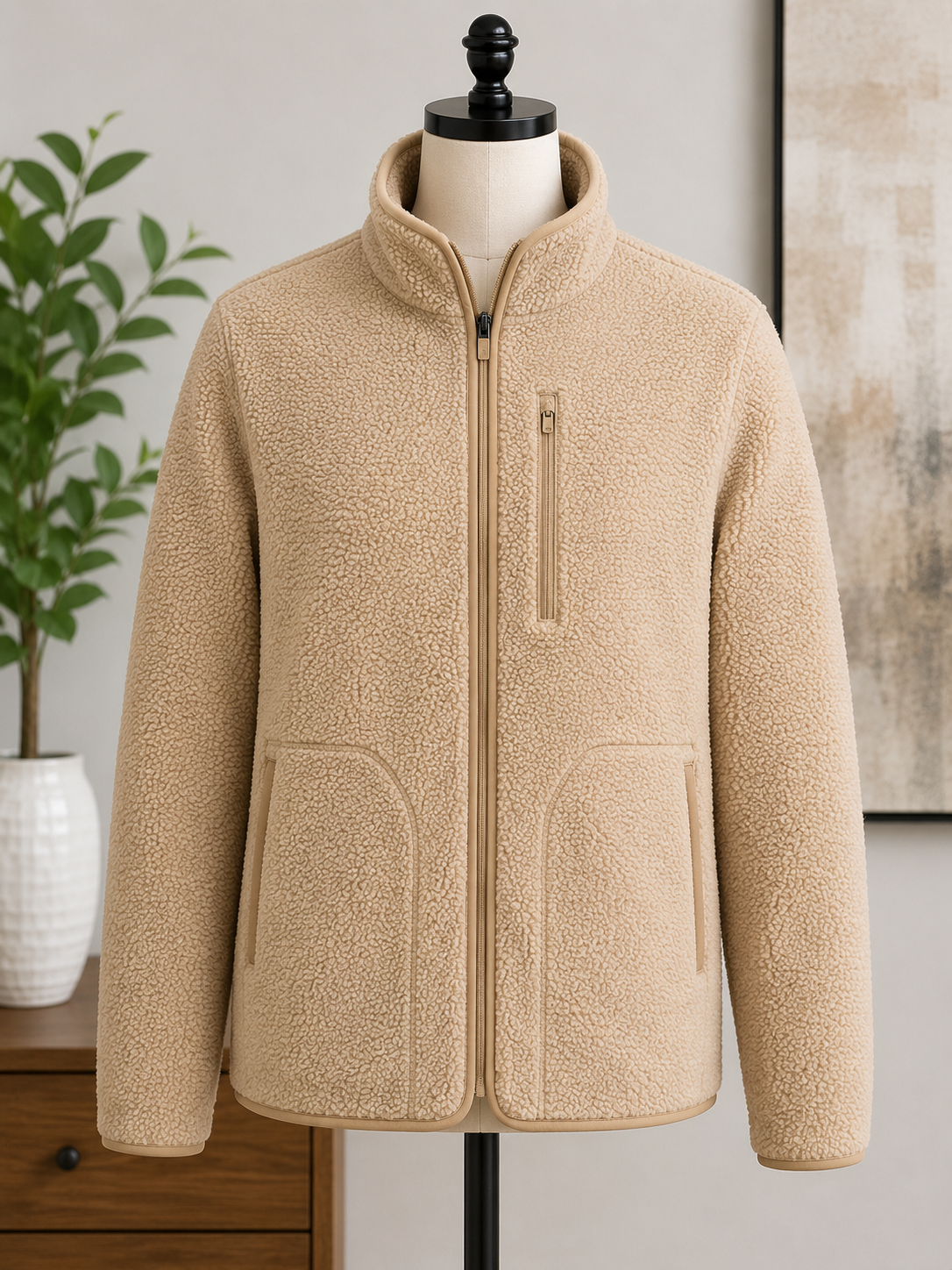 Men's Sherpa Fleece Full-Zip Jacket – Beige Teddy Fleece Zip-Up Coat with Chest Zip Pocket