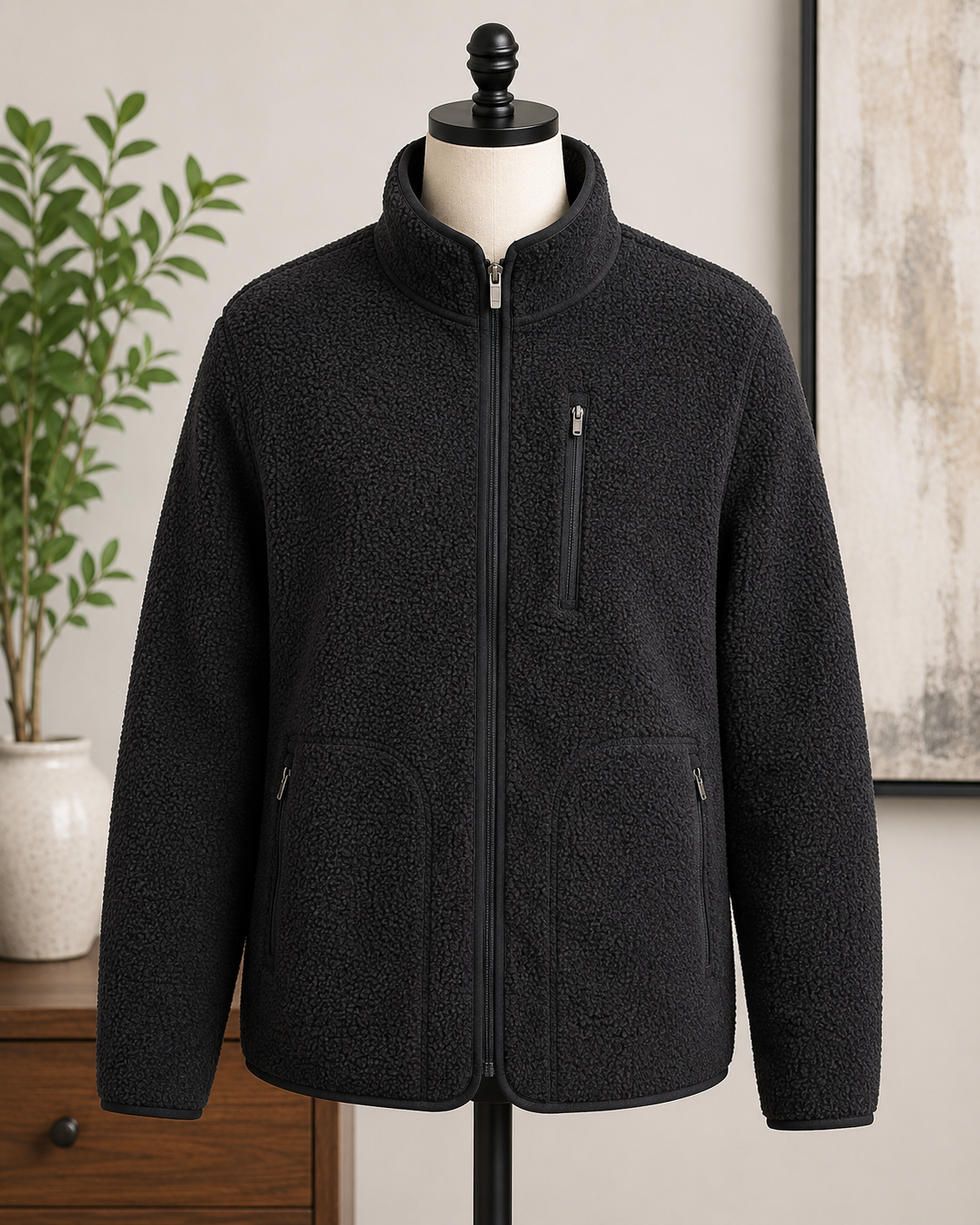 Men's Black Sherpa Fleece Full-Zip Jacket – Cozy Teddy Fleece Zip-Up Coat with Chest Pocket
