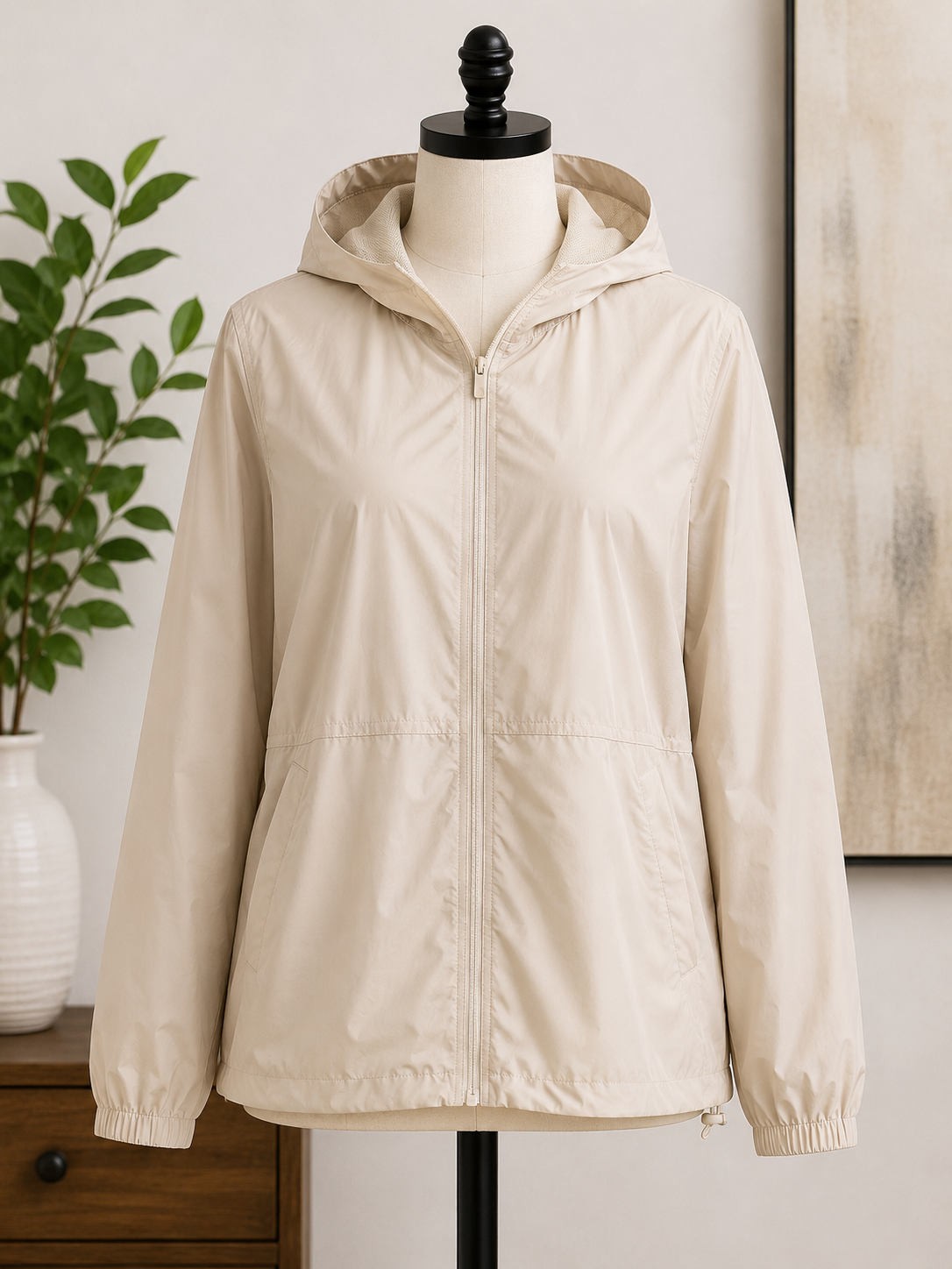 Women's Beige Lightweight Hooded Windbreaker Jacket | Full Zip Packable Rain Jacket