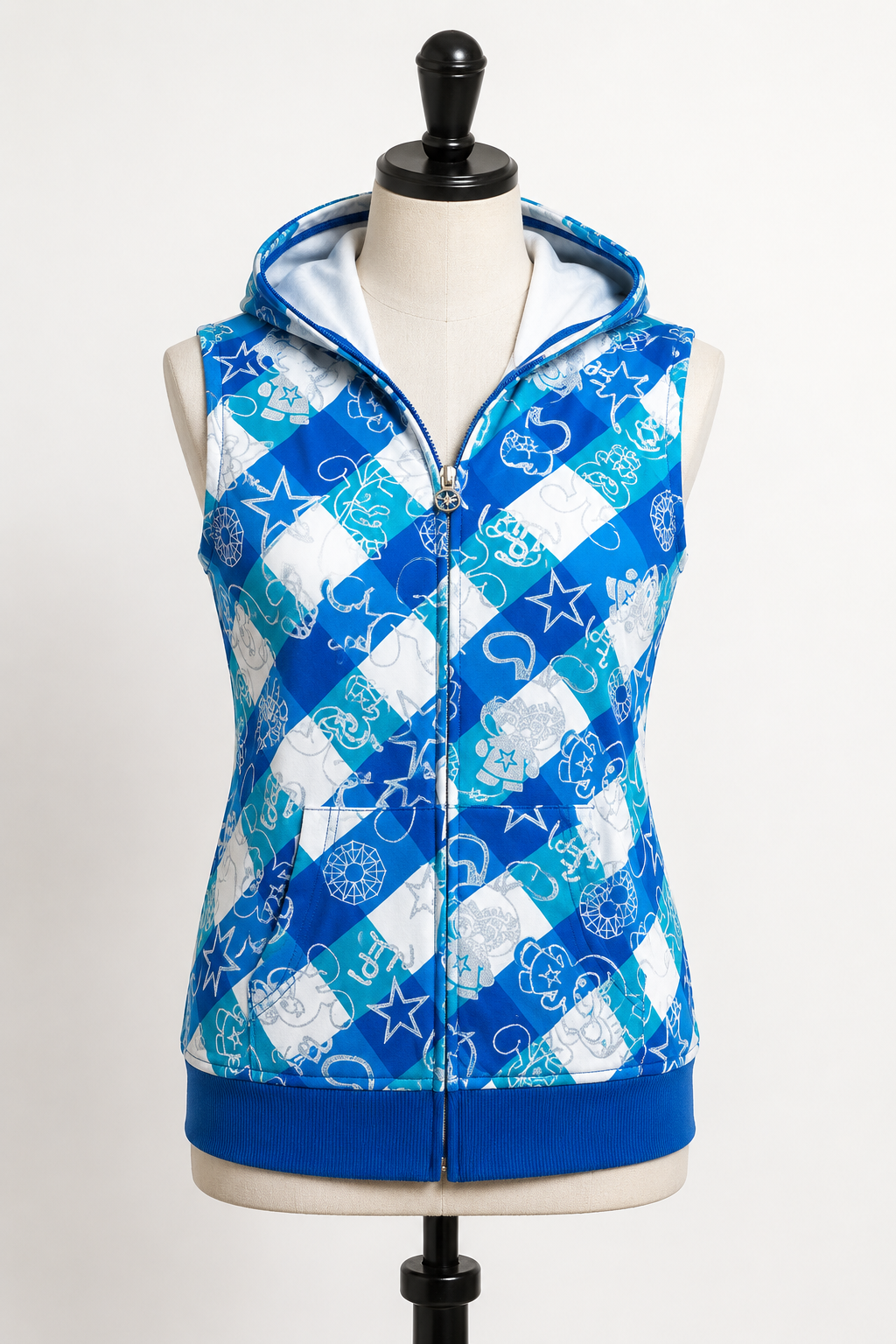 Women's Blue Graphic Print Sleeveless Zip-Up Hooded Vest