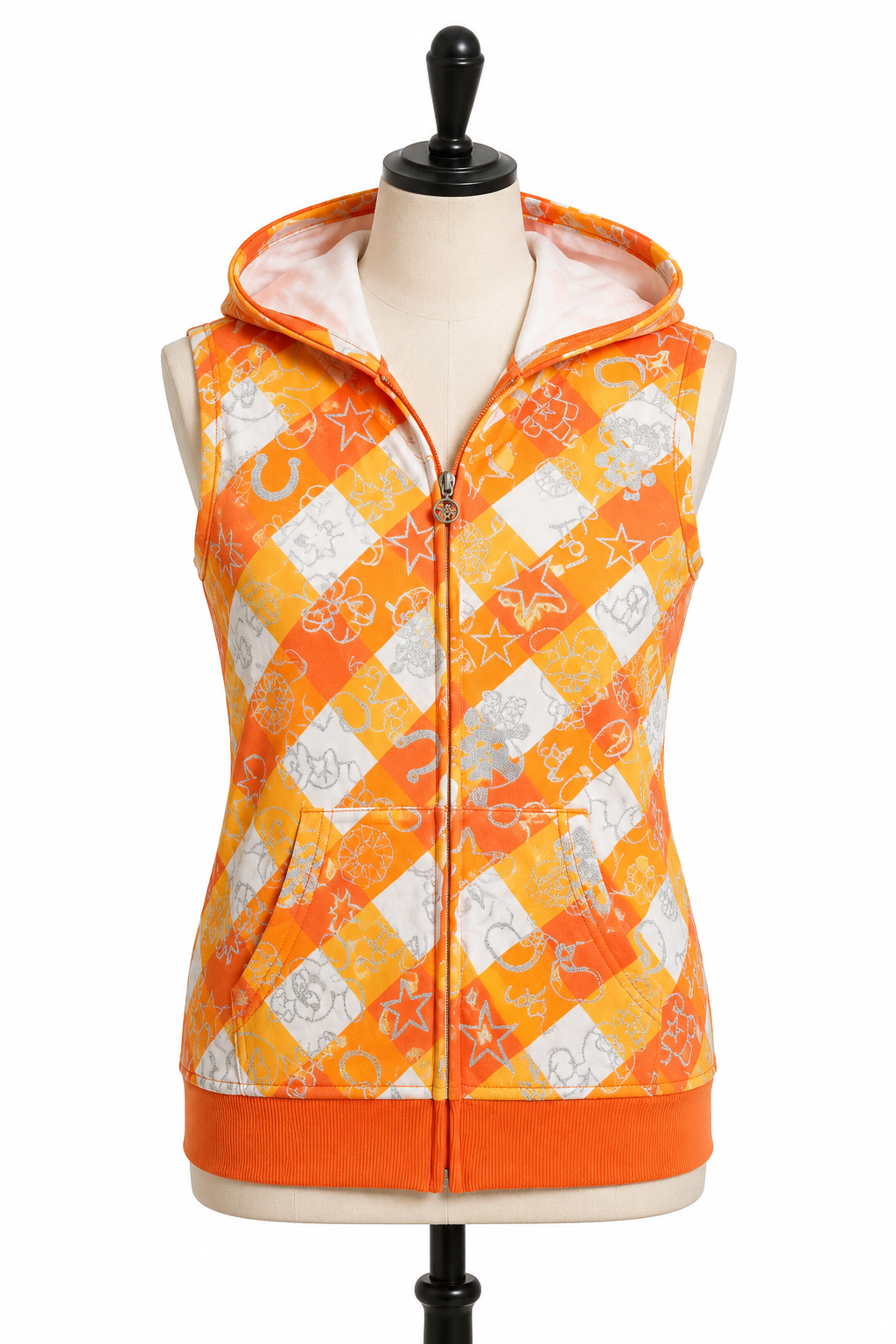 Shorty Women's Orange Graphic Print Sleeveless Zip-Up Hooded Vest