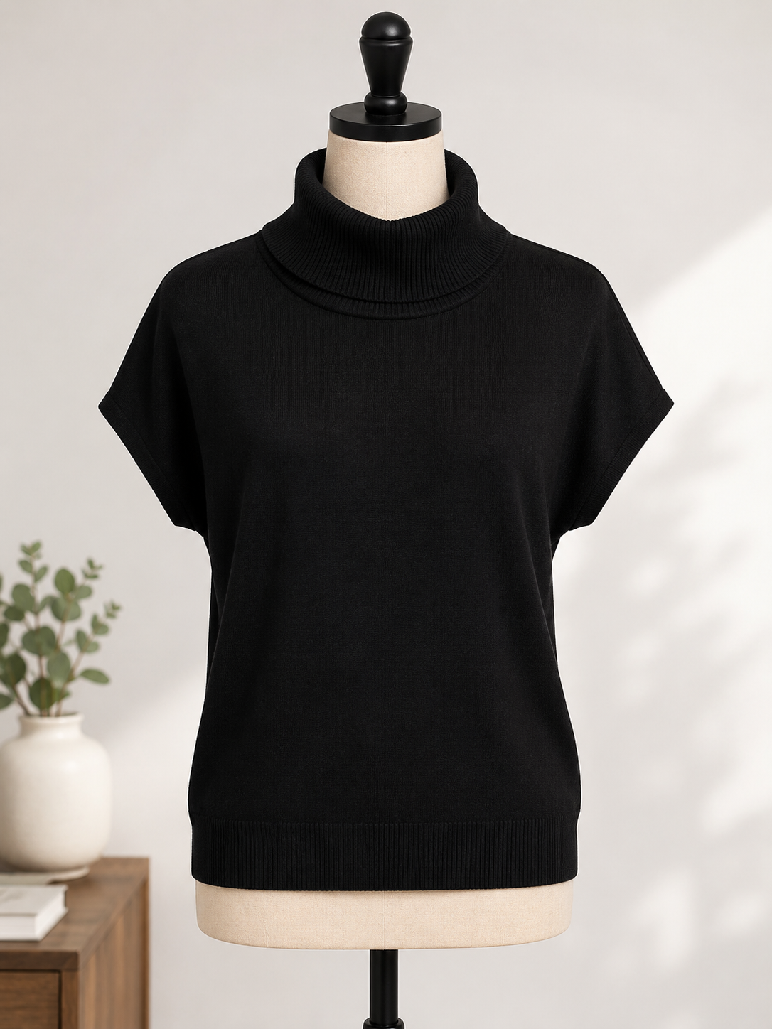 Women's Black Short Sleeve Turtleneck Sweater Top