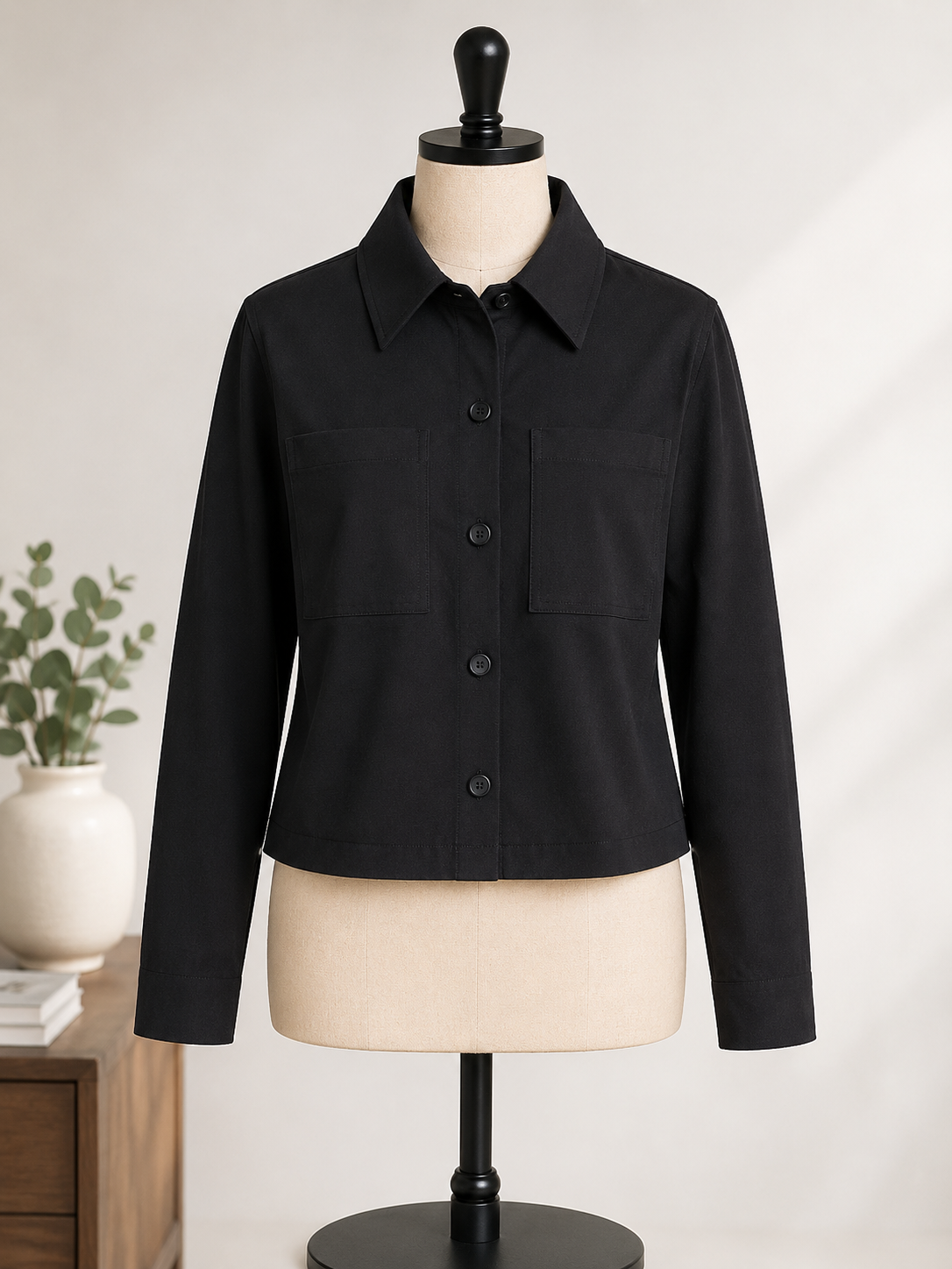 Women's Black Cropped Button-Front Utility Jacket
