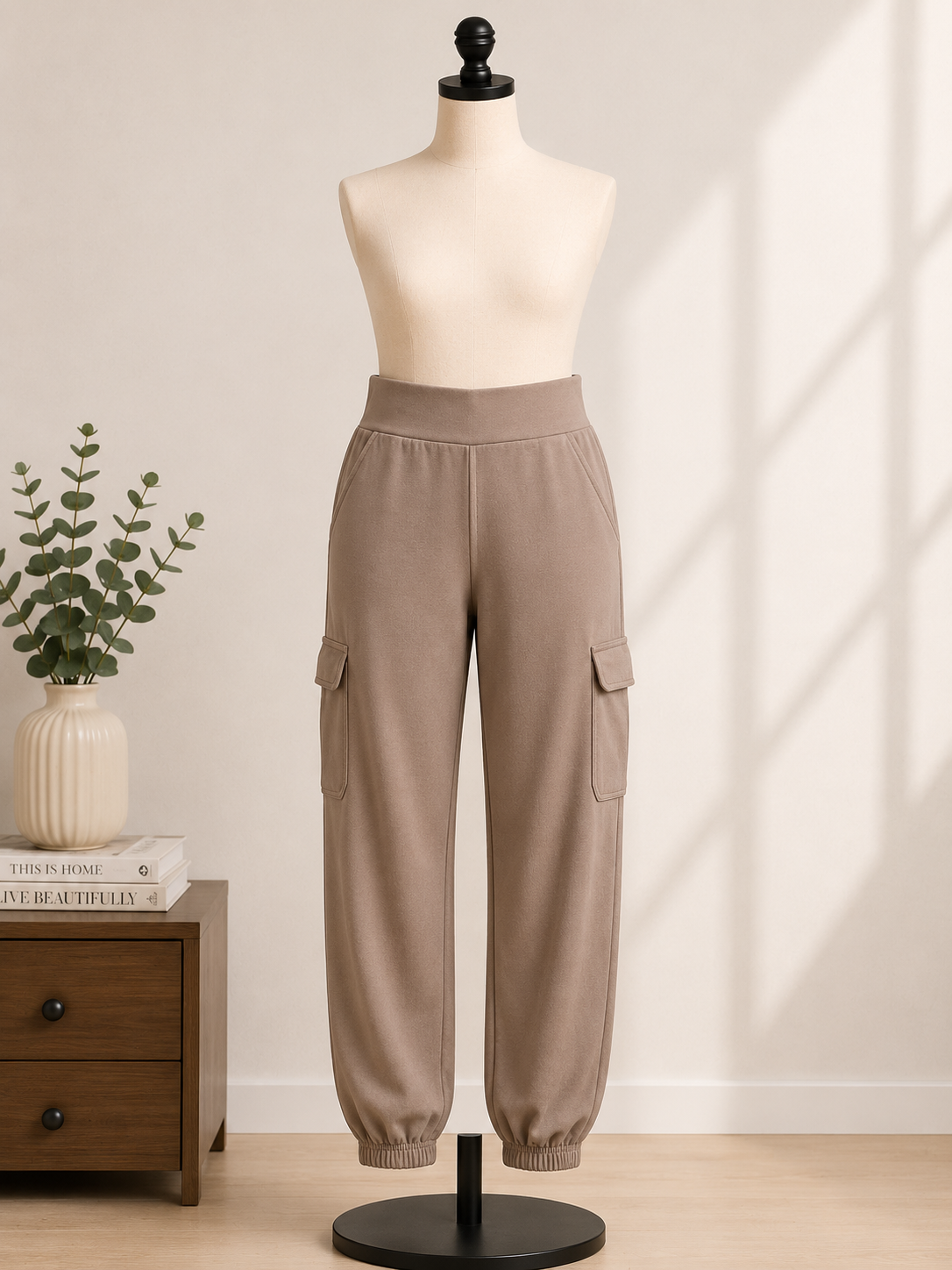 Women's Taupe Cargo Jogger Pants with Utility Pockets