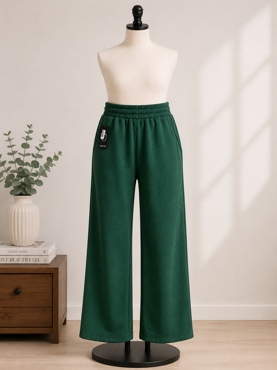 Women's Forest Green Wide-Leg Fleece Lounge Pants