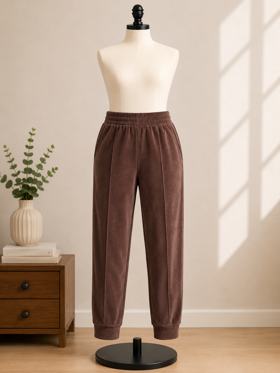 Women's Chocolate Brown Ribbed Velour Jogger Pants with Elastic Waist