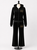 Women's Black Velour Hooded Rhinestone Logo Tracksuit Set