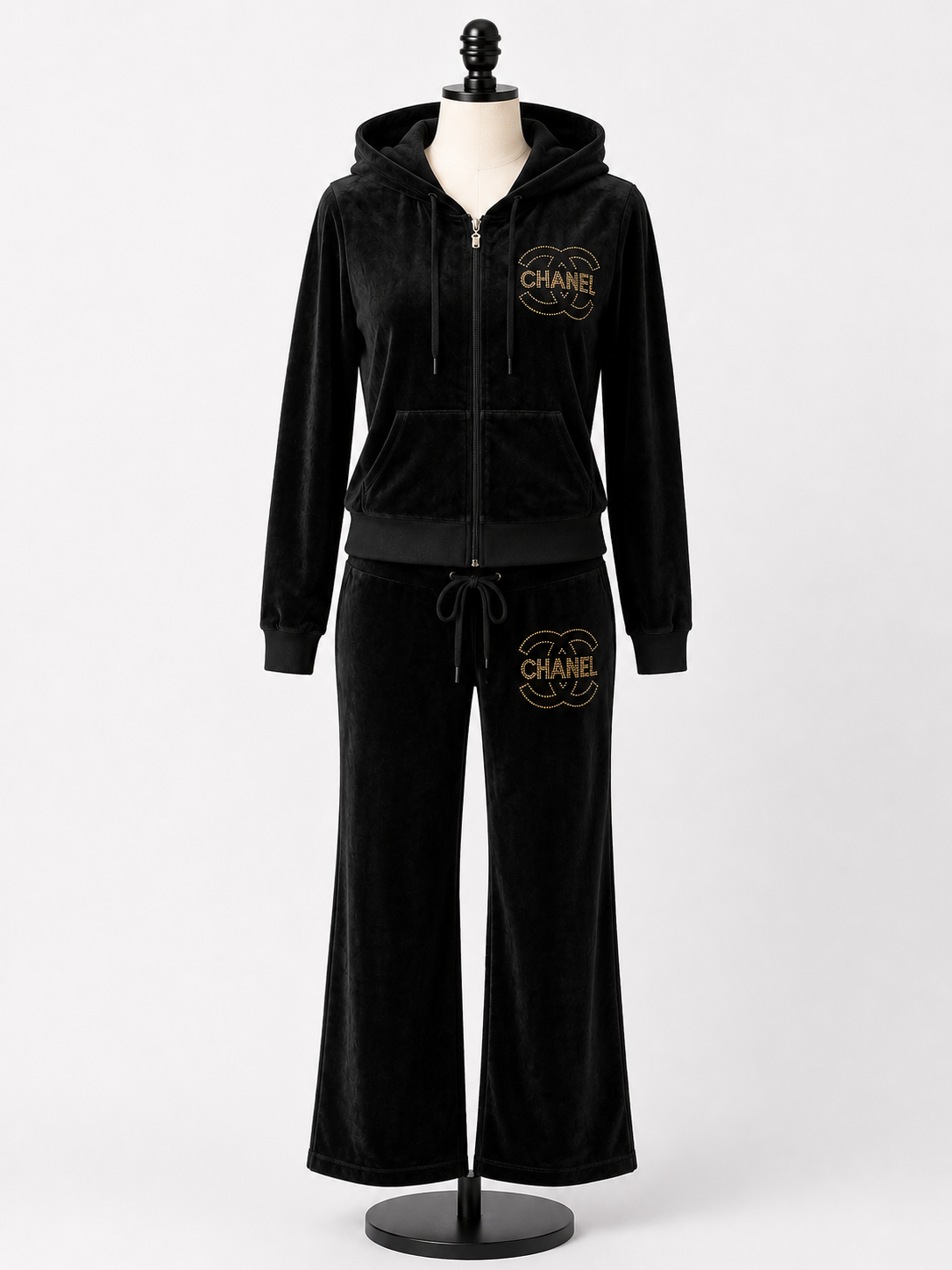 Women's Black Velour Hooded Rhinestone Logo Tracksuit Set