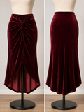 Women's Burgundy Velvet Twist Front High-Low Midi Skirt