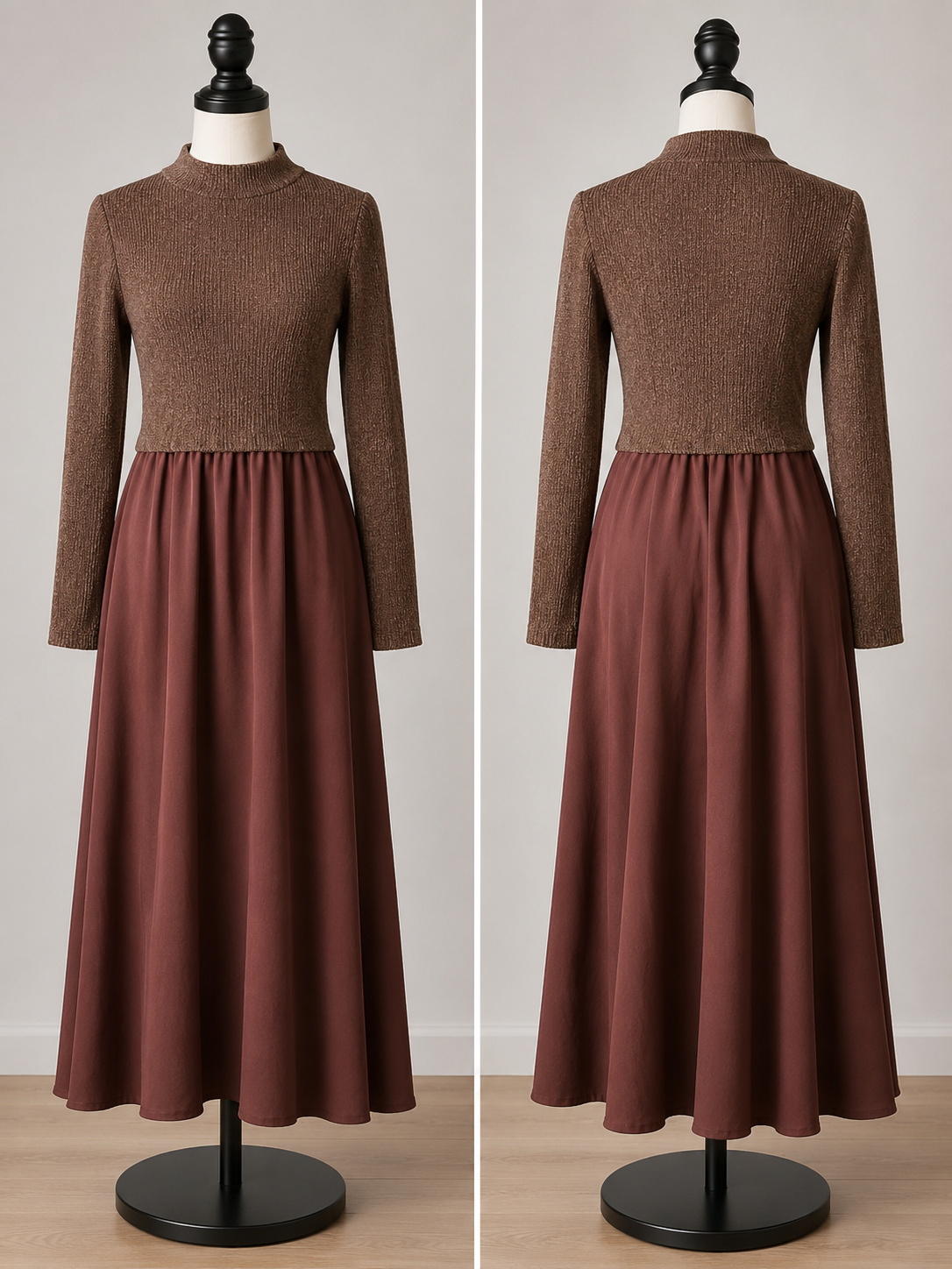 Women's Ribbed Knit Long Sleeve Maxi Dress – Mocha Brown