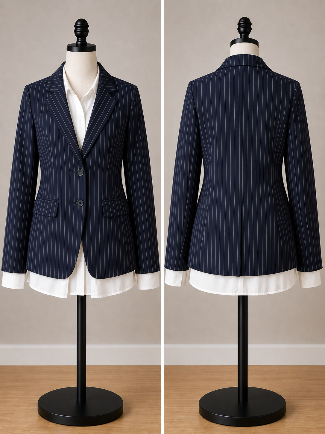 KOTO Women's Navy Pinstripe Two-Button Tailored Blazer
