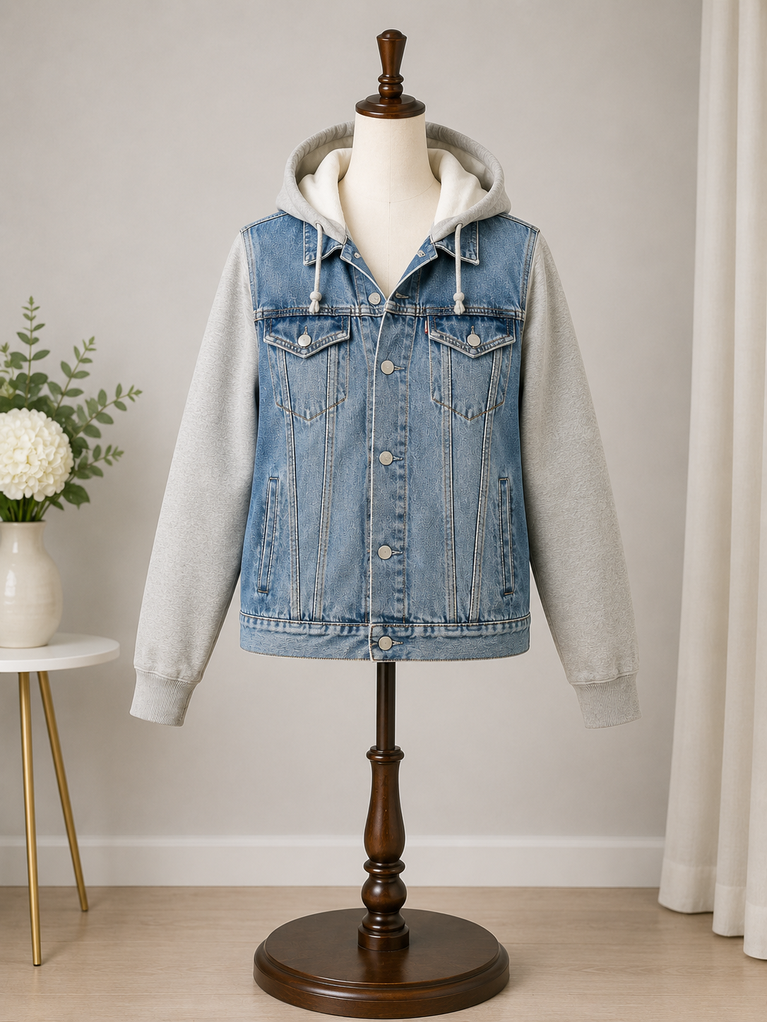 Levi's Hybrid Hooded Denim Trucker Jacket – Light Wash Gray Sleeve Button-Front Coat | Men's