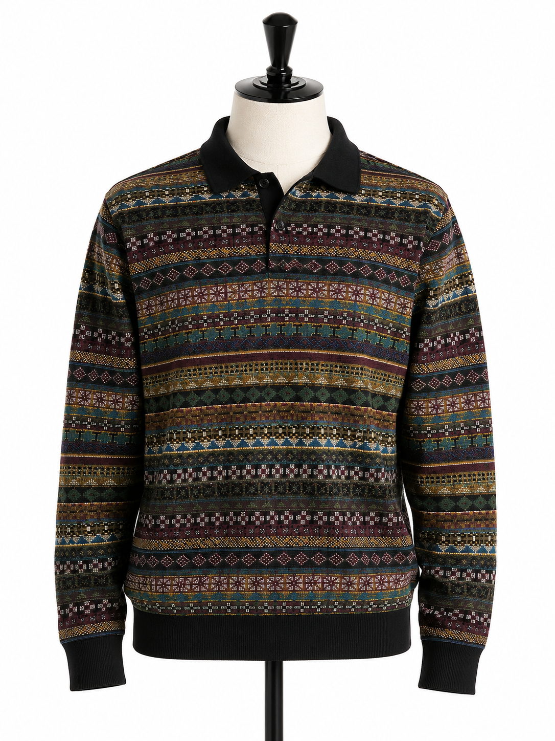 Men's Fair Isle Quarter-Button Knit Pullover Sweater – Multicolor Tribal Pattern