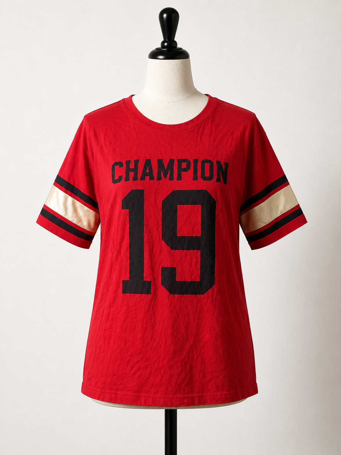 Champion Women's Varsity Graphic Tee - Red & Black Athletic Stripe Short Sleeve Shirt