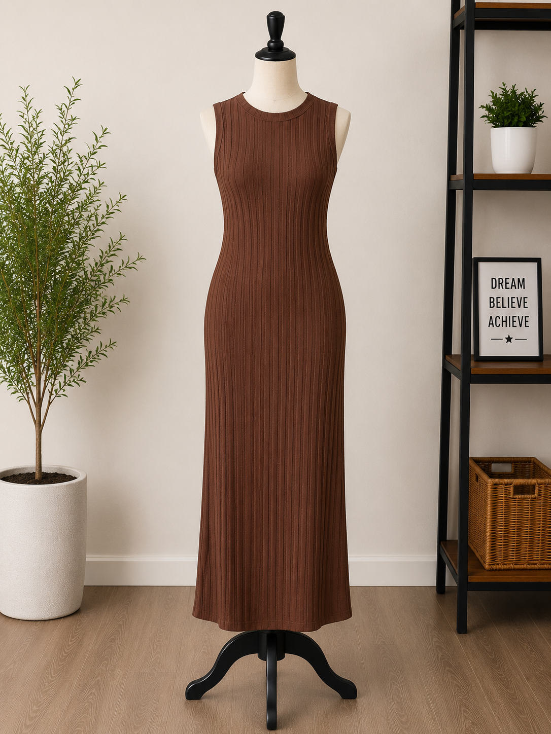 Mocha Elegance Ribbed Maxi Dress