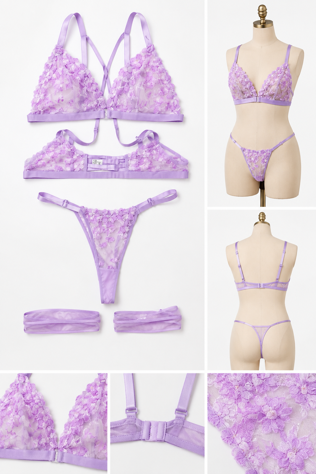 Lavender Bloom 4-Piece Floral Lace Lingerie Set