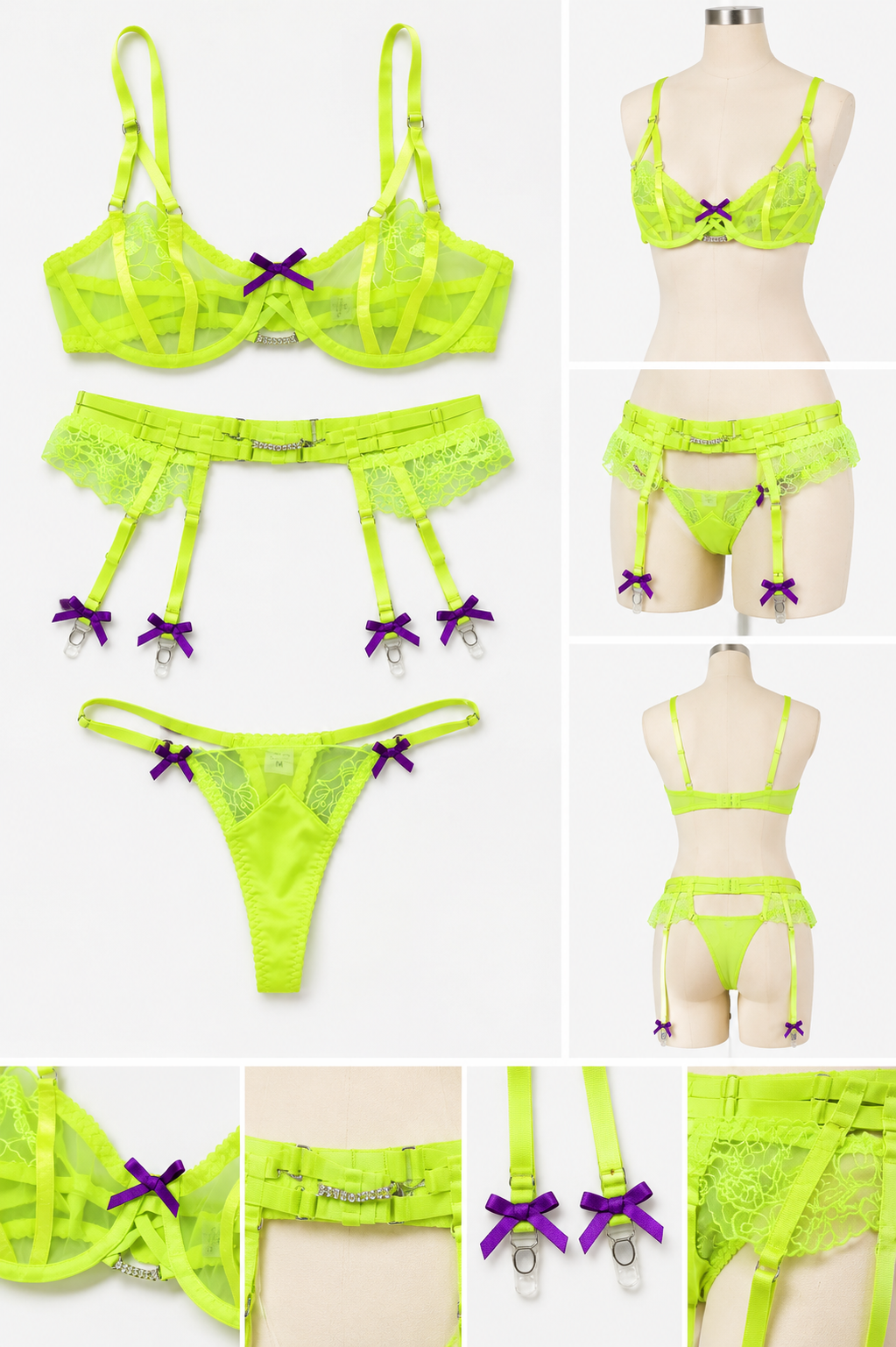 Electric Lime Luxe 3-Piece Lace Lingerie Set