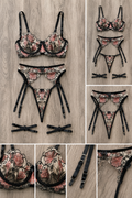 Midnight Bloom Embroidered 4-Piece Lingerie Set
