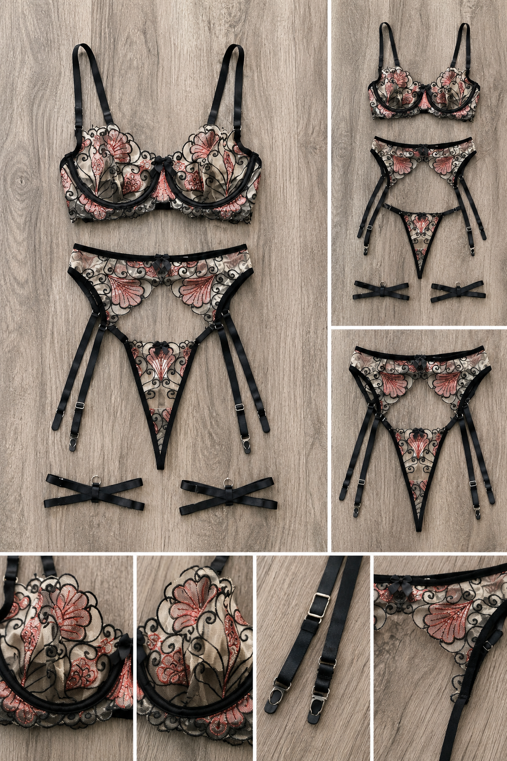 Midnight Bloom Embroidered 4-Piece Lingerie Set