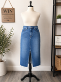Classic Blue Denim Midi Skirt with Front Slit