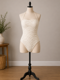Elegant Lace Textured Strapless One-Piece Swimsuit – Ivory
