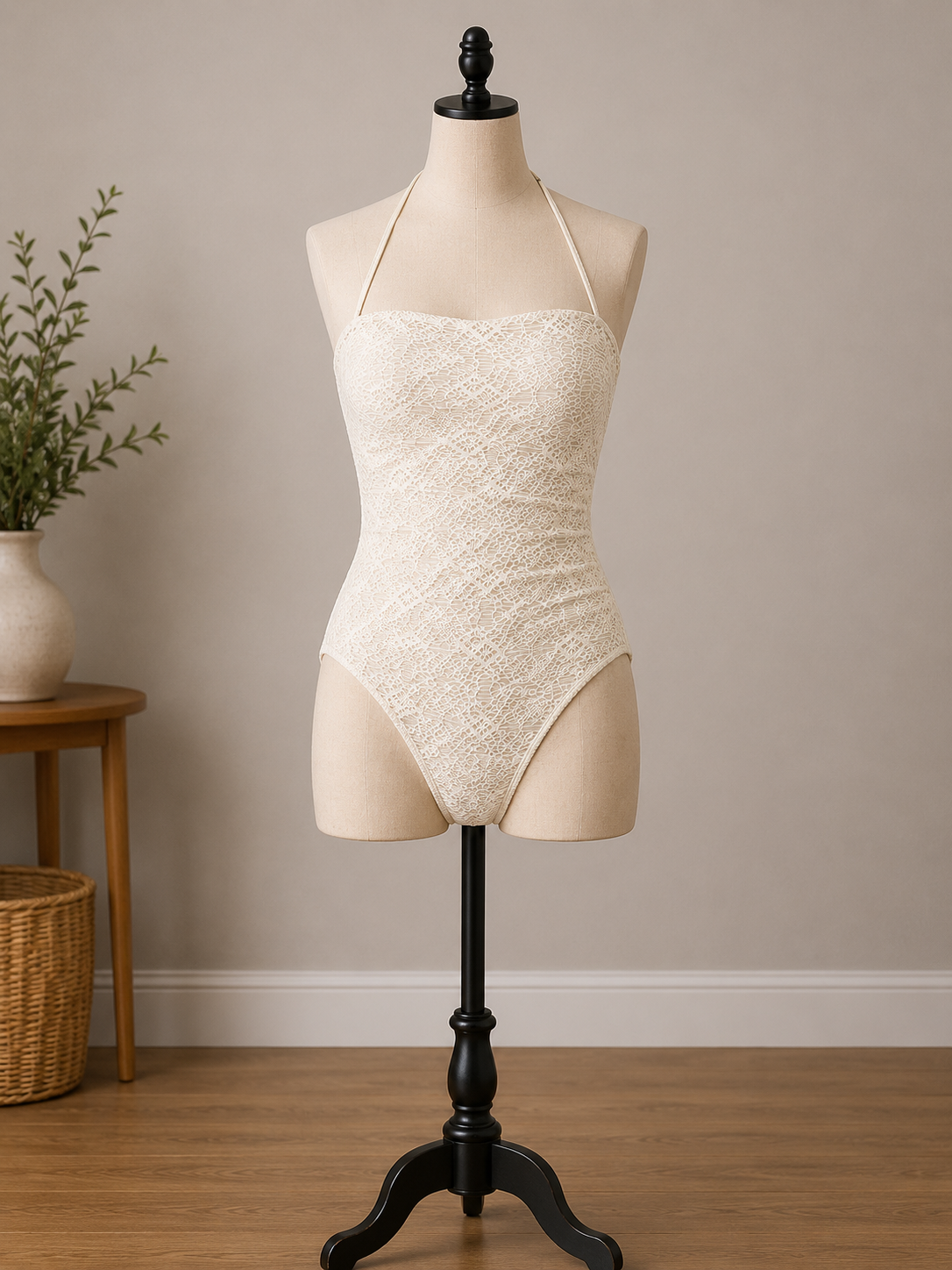 Elegant Lace Textured Strapless One-Piece Swimsuit – Ivory