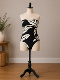 Tropical Luxe Strapless One-Piece Swimsuit – Black & Ivory Palm Print