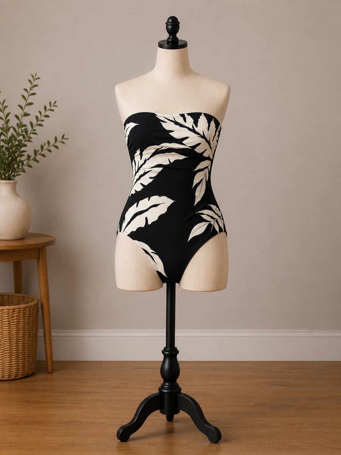 Tropical Luxe Strapless One-Piece Swimsuit – Black & Ivory Palm Print