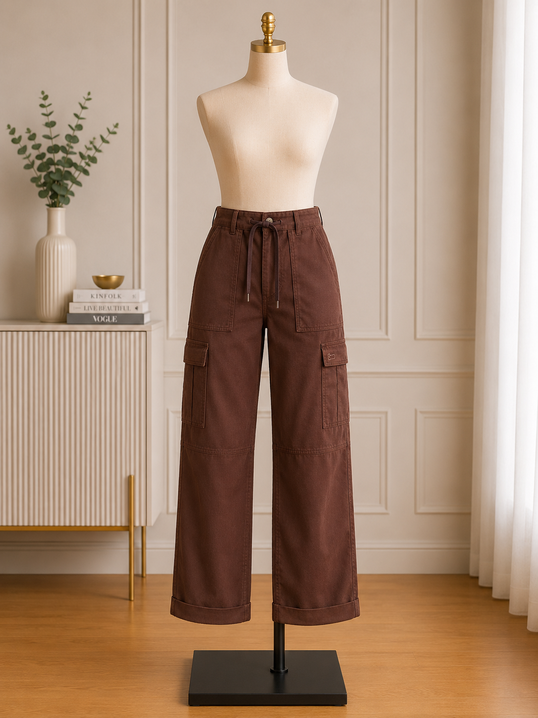 Chocolate Brown Utility Cargo Pants – Women's High-Waist Relaxed Fit