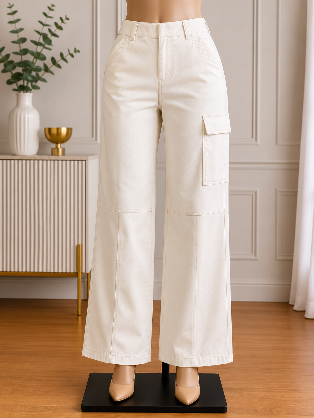 Women's Ivory Utility Cargo Wide-Leg Pants