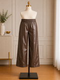 Women's Chocolate Faux Leather Wide-Leg Pants