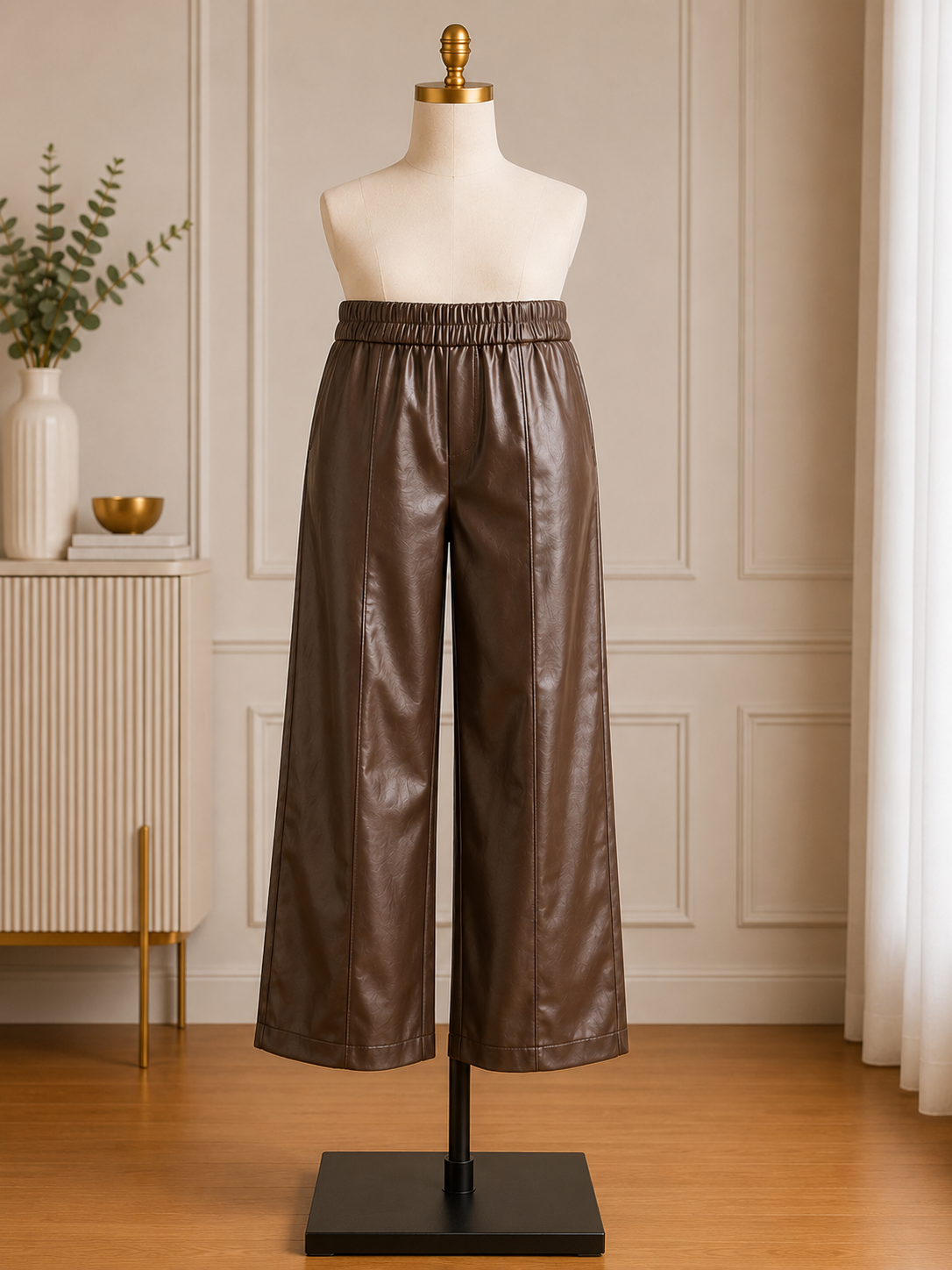 Women's Chocolate Faux Leather Wide-Leg Pants