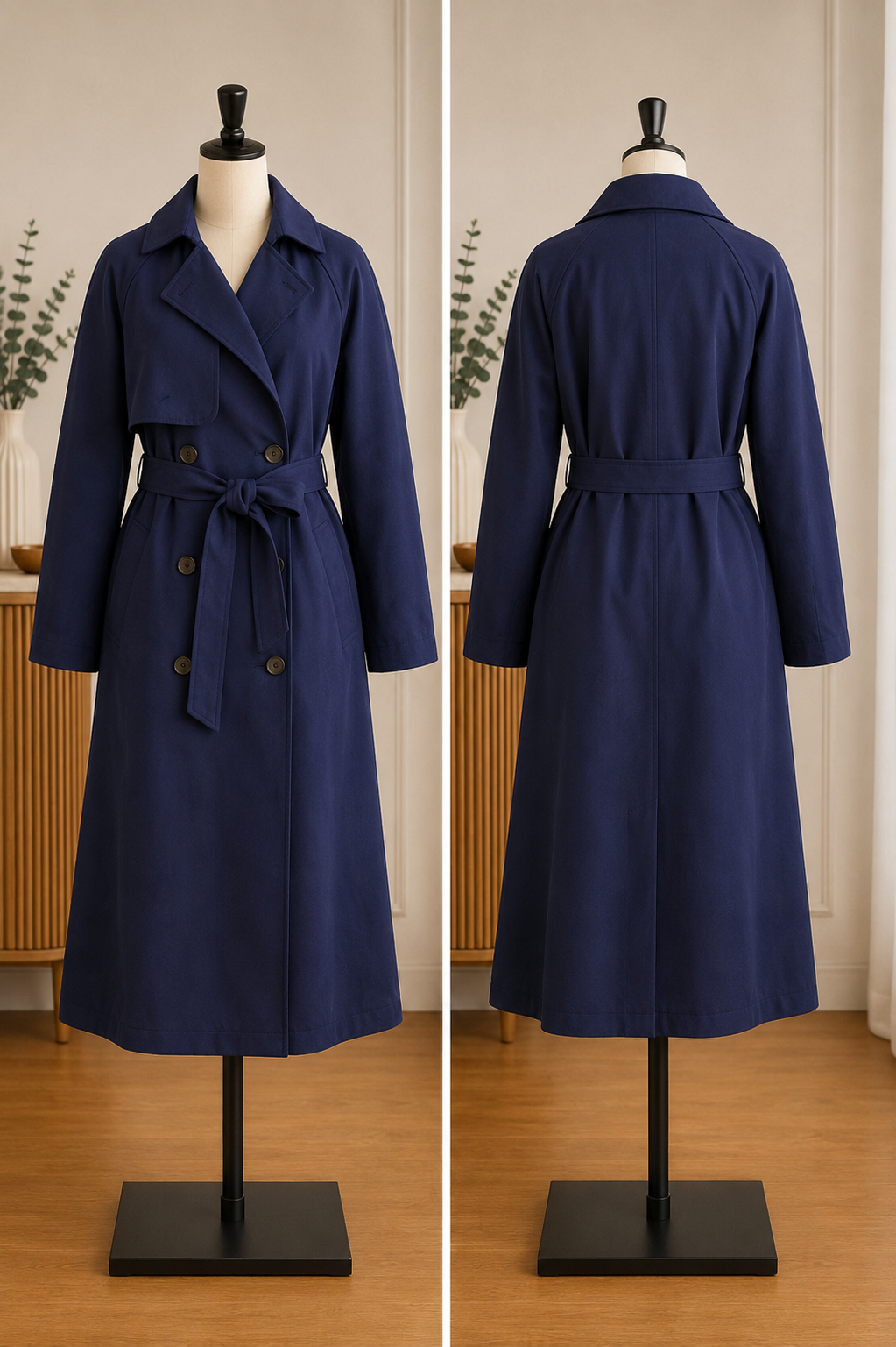 Elegant Navy Double-Breasted Belted Trench Coat