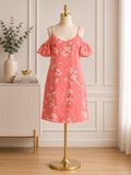 Coral Blossom Cold-Shoulder Floral Dress