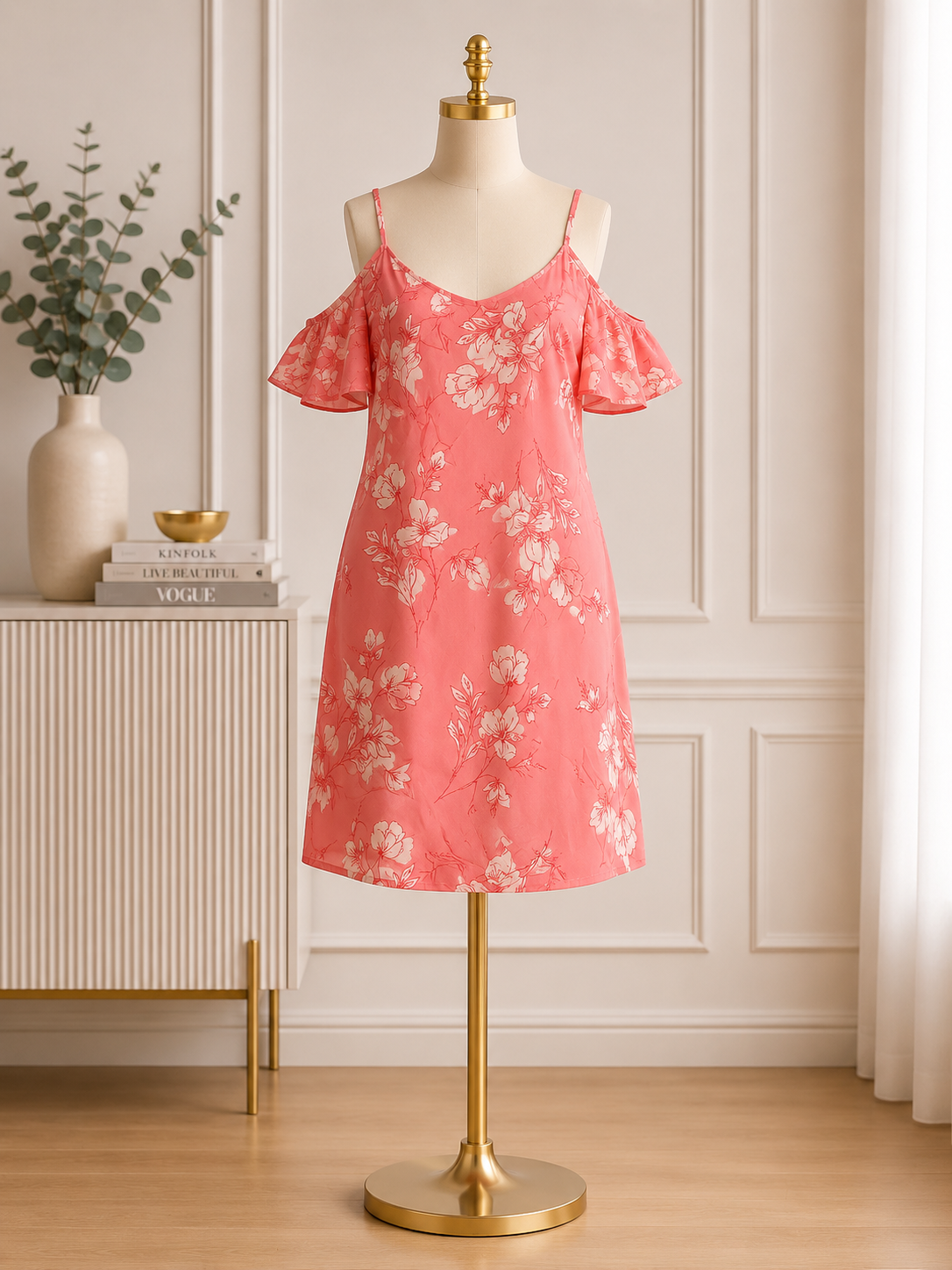 Coral Blossom Cold-Shoulder Floral Dress