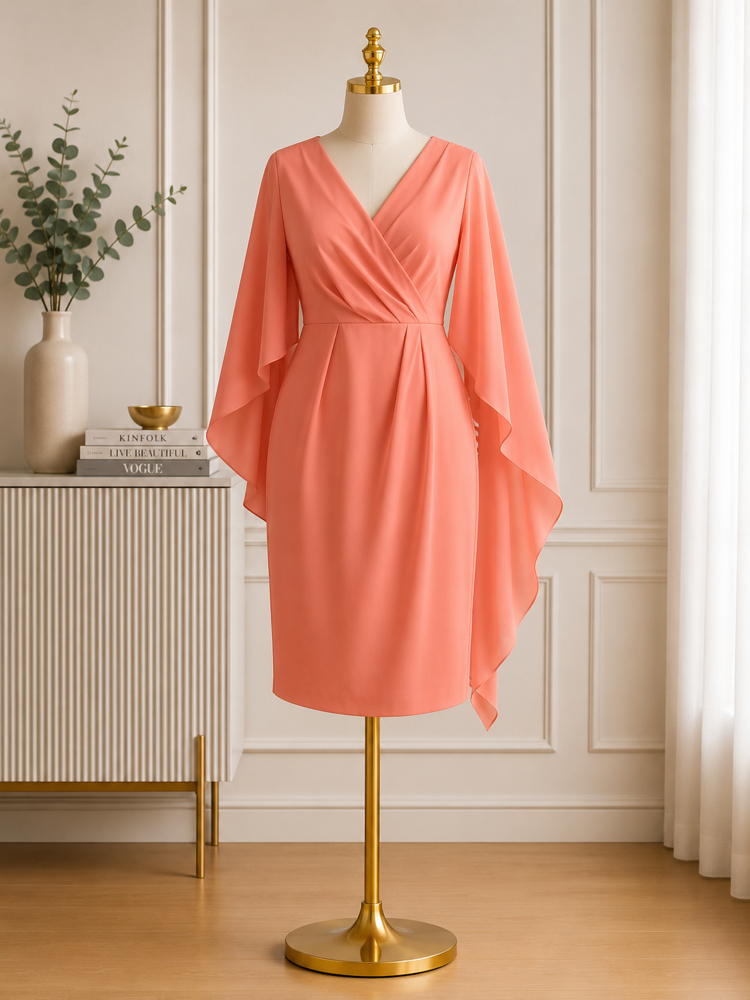 Coral Sunset Cape Sleeve Cocktail Dress