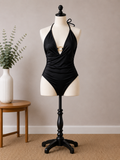 Elegant Black Halter One-Piece Swimsuit with Gold Ring Detail