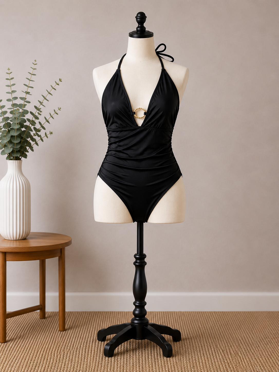 Elegant Black Halter One-Piece Swimsuit with Gold Ring Detail
