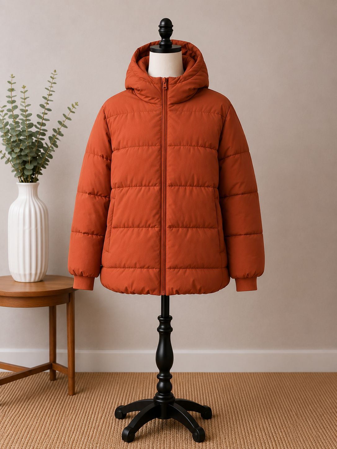 Women's Rust Orange Hooded Puffer Jacket – Lightweight Quilted Winter Coat