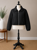 Women's Black Textured Zip-Up Cropped Jacket – Quilted Fashion Bomber