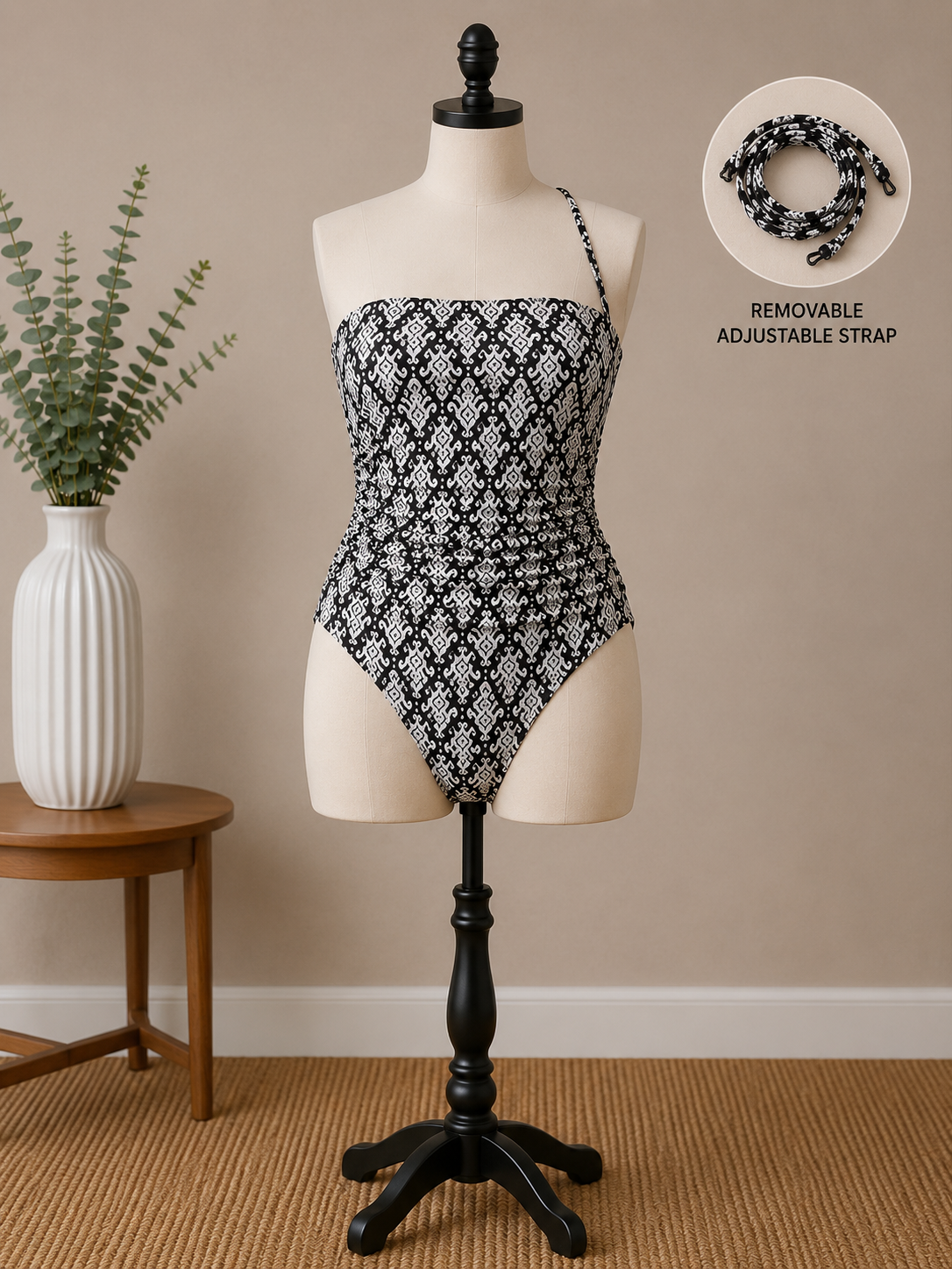Shade & Shore Women's Black & White Printed Bandeau One-Piece Swimsuit