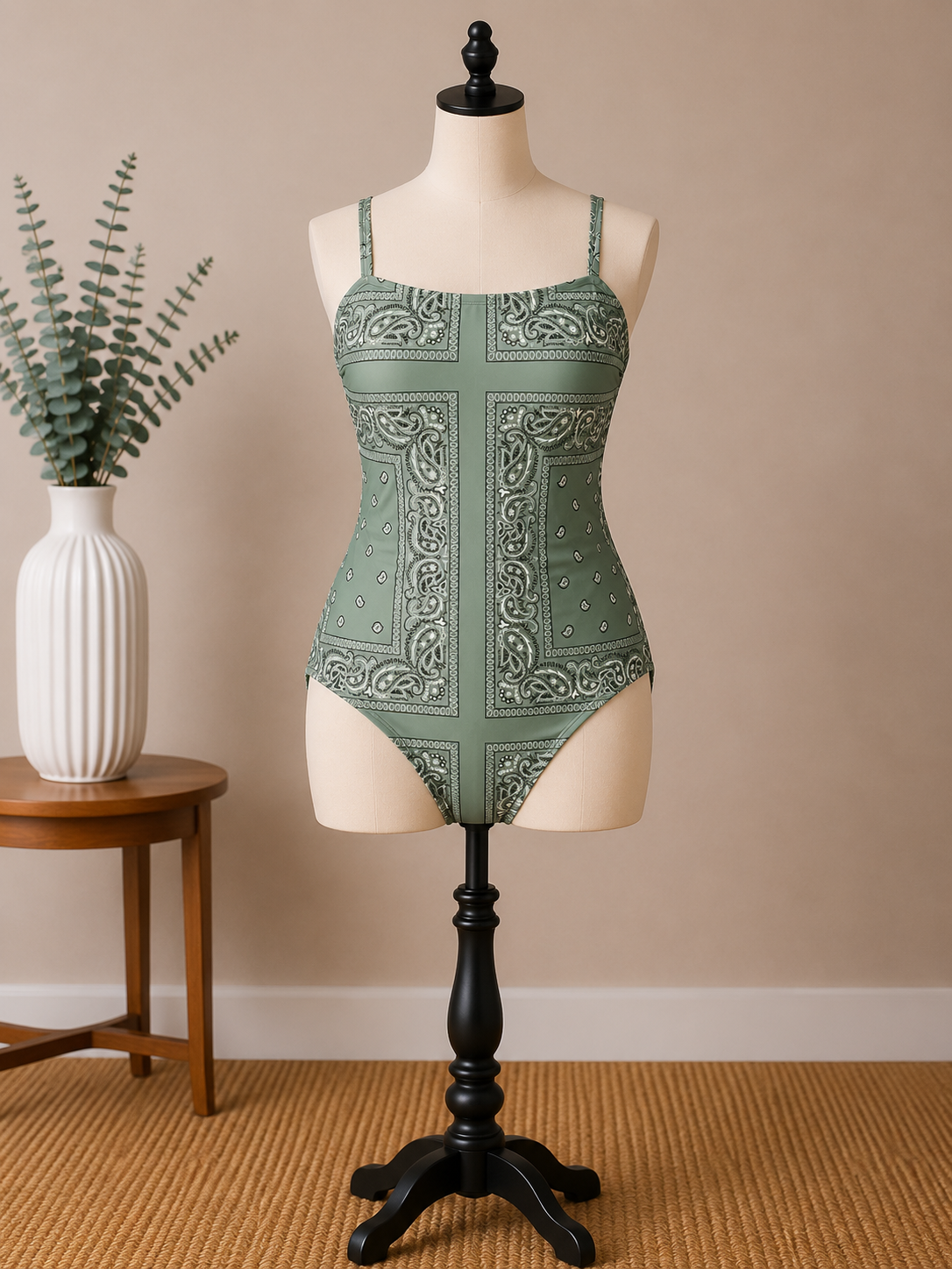 Women's Sage Green Paisley Print One-Piece Swimsuit