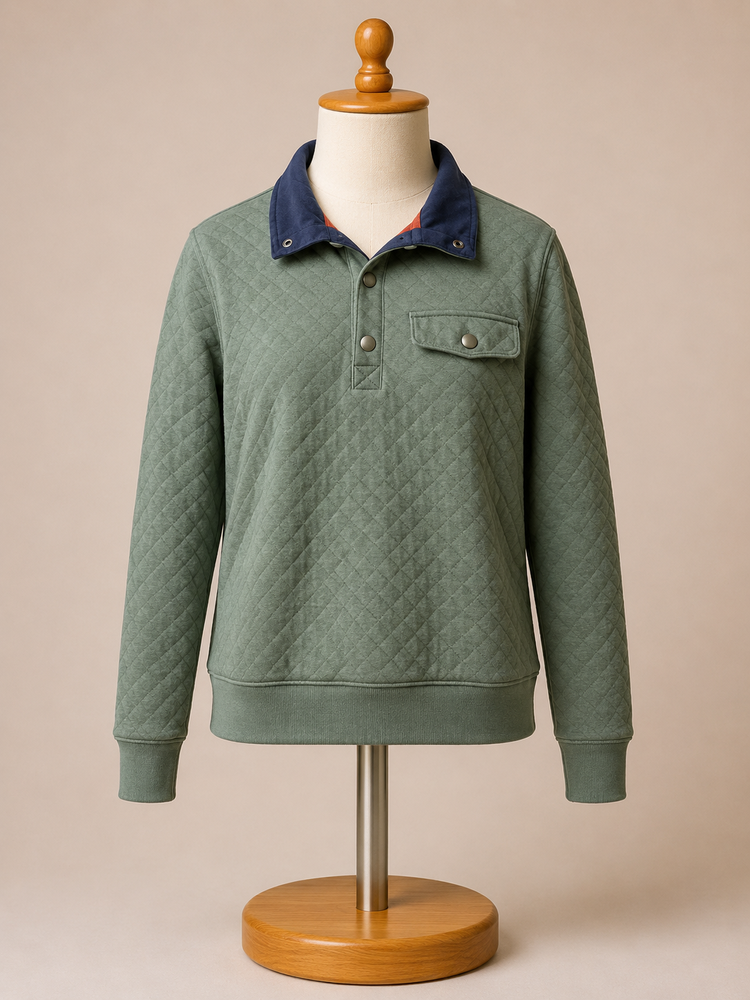 Men's Quilted Snap Collar Pullover Sweatshirt – Sage Green